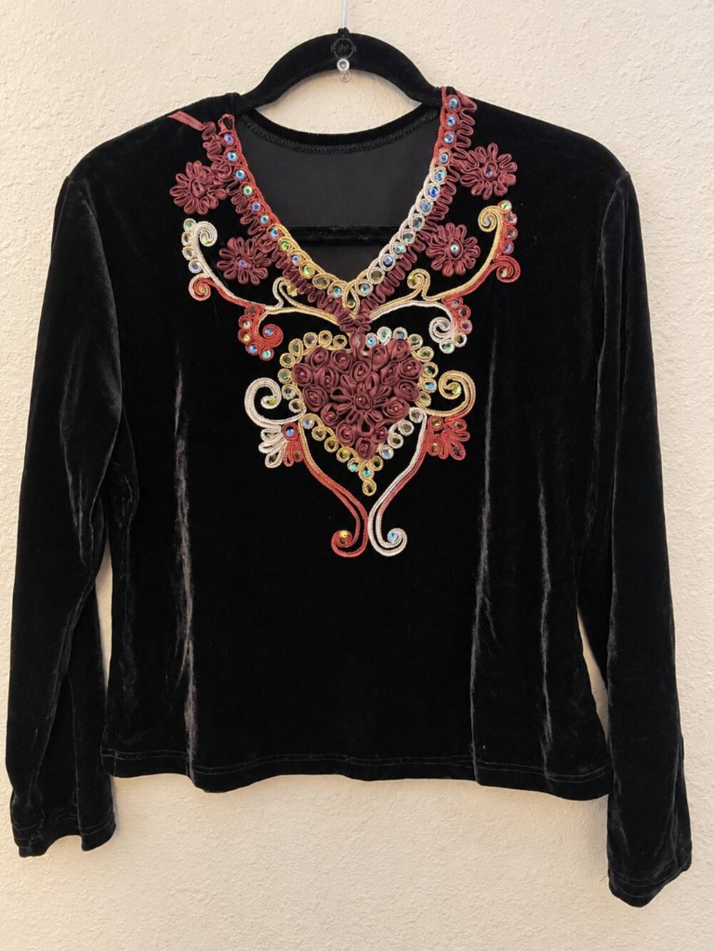 Velvet Embroidered Ribbon Rose Top